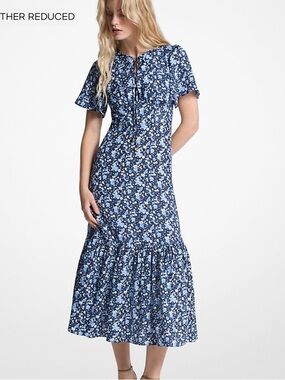 Michael Kors Navy and Light Blue Floral Midi Dress French Blue Basic